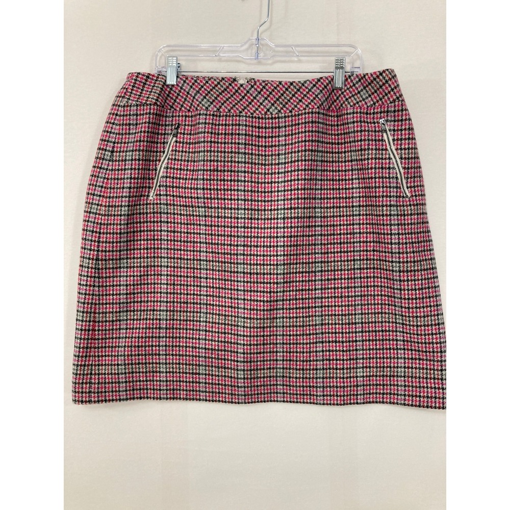 Talbots Wool Blend Skirt 16W Pink Plaid Houndstooth A-Line Zip Pocket Classic